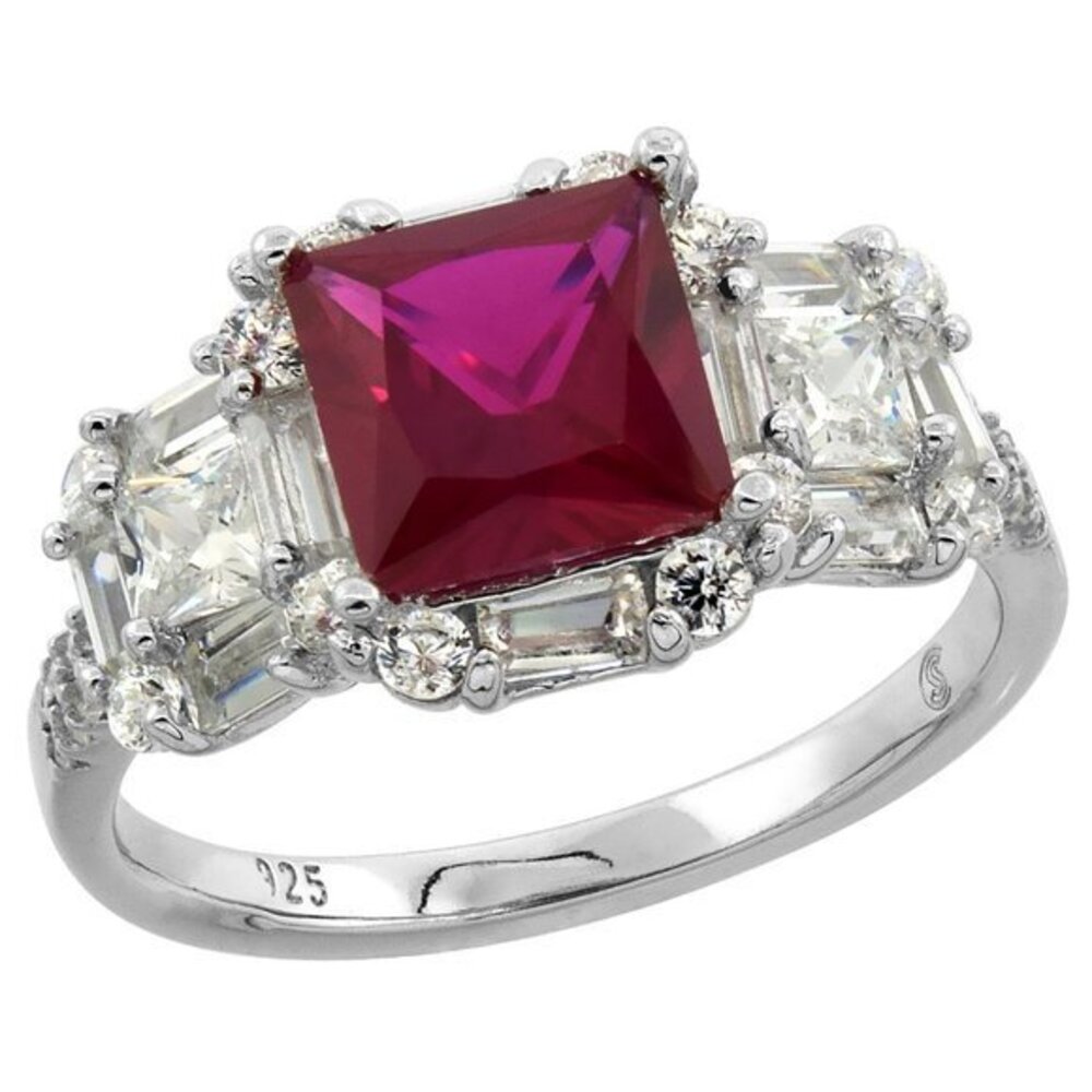 Sterling Silver Baguette Cubic Zirconia Red Ring Micro pave 6 7 8 9